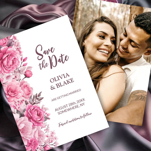 Reserve A Data Casamento Floral de Rosa Rosa Personalizado (Criador carregado)