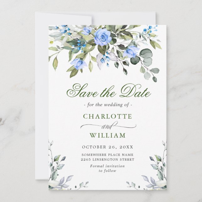 Reserve A Data Casamento Floral de Rosas Azuis Eucalyptus Elegant (Frente)