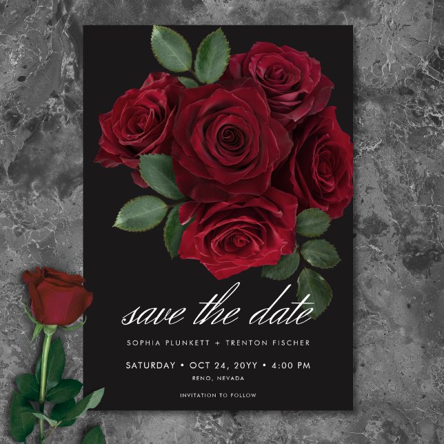 Reserve A Data Casamento Floral de Rosas vermelhas de Sangue Eleg (Elegant Moody Blood Red Roses Floral Wedding Save The Date)