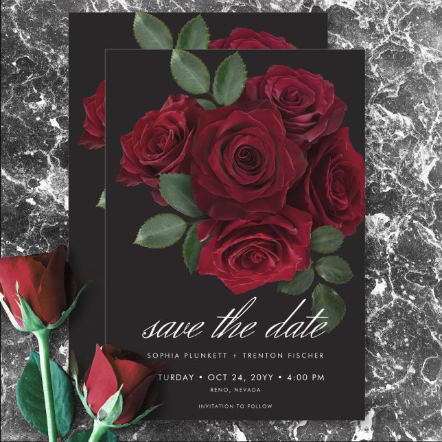 Reserve A Data Casamento Floral de Rosas vermelhas de Sangue Eleg (Elegant Moody Blood Red Roses Floral Wedding Save The Date)