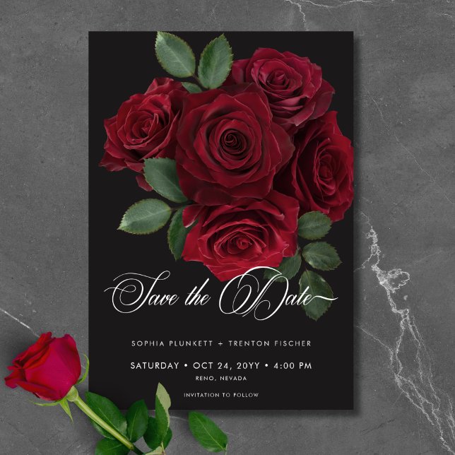 Reserve A Data Casamento Floral de Rosas vermelhas de Sangue Eleg (Elegant Moody Blood Red Roses Floral Wedding Save The Date)