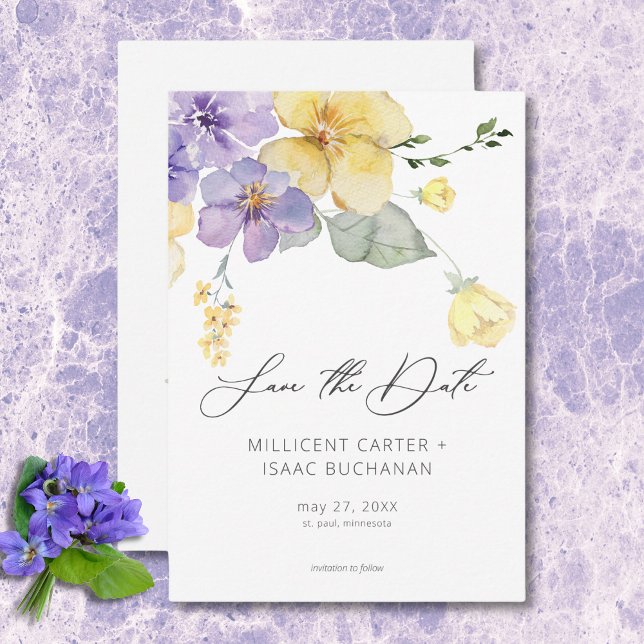 Reserve A Data Casamento Floral de Violetas Roxas e Amarelas Mode (Modern Purple & Yellow Violets Floral Wedding Save the Date)