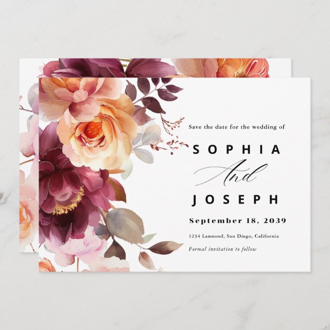 Reserve A Data Casamento Floral do Buquê Burgundy (Frente/Verso)