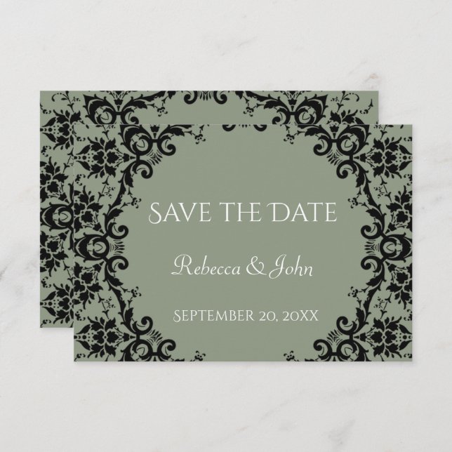 Reserve A Data Casamento Floral do Elegante Sage Green Damask (Frente/Verso)