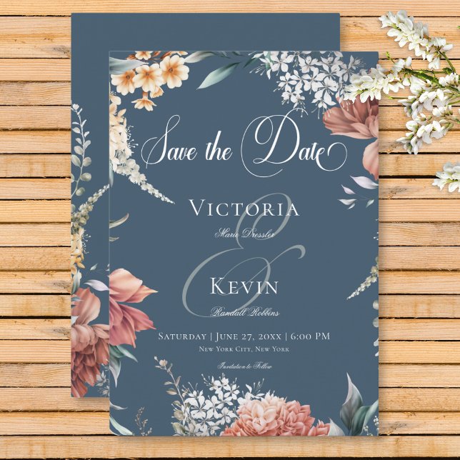 Reserve A Data Casamento Floral do Jardim Azul Romântico Moderno (Modern Romantic Blue Garden Floral Wedding Save the Date Card)