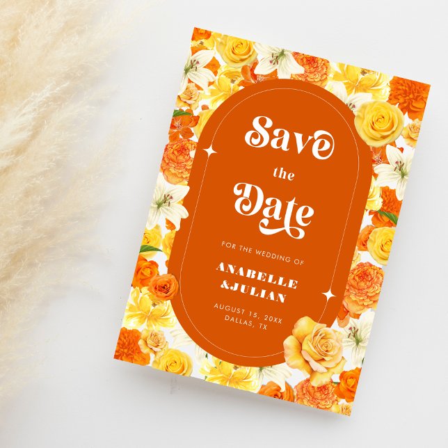 Reserve A Data Casamento Floral do Jardim Laranja Amarelo Retro (Criador carregado)