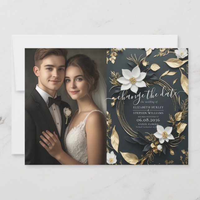 Reserve A Data Casamento Floral Dourado Branco Muda A Data (Frente)