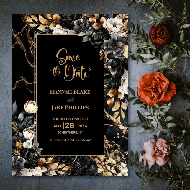 Reserve A Data Casamento Floral Dourado Preto (Criador carregado)