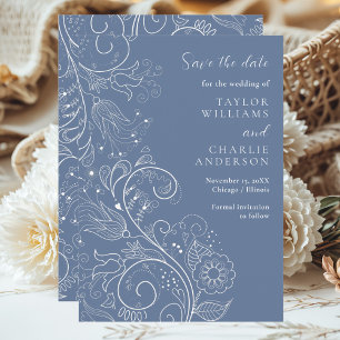 Reserve A Data Casamento Floral Elegante Azul Empoeirado