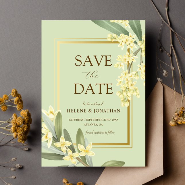 Reserve A Data Casamento Floral Elegante do Jardim Dourado Verde  (Sage Green Gold Garden Elegant Floral Wedding Save The Date)
