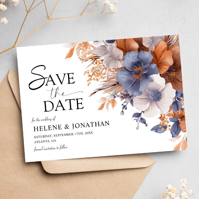 Reserve A Data Casamento Floral Elegante Dusty Blue Terracotta (Floral Elegant Dusty Blue Terracotta Wedding Save The Date)
