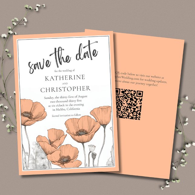 Reserve A Data Casamento Floral Elegante Moderno (Peach Floral Poppies Save the Date with QR Code coordinates with the Peach Poppies Wedding Suite.
)