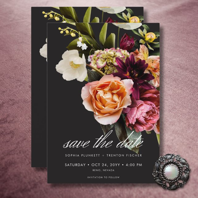 Reserve A Data Casamento Floral Elegante Moody Burgundy e Rosa (Elegant Moody Burgundy & Pink Floral Wedding Save The Date)