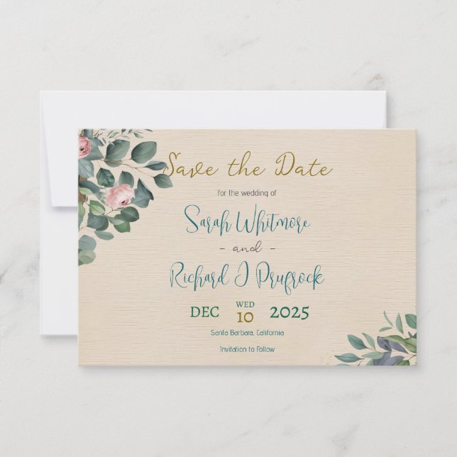 Reserve A Data Casamento Floral Elegante Rosa e Sage (Frente)