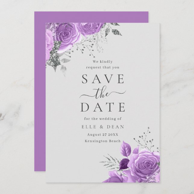 Reserve A Data Casamento Floral Elegante Roxo Lavanda & Prata (Frente/Verso)