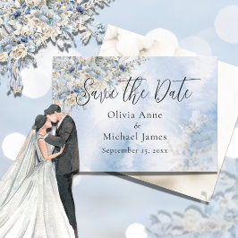 Reserve A Data Casamento Floral em Aquarela Azul Desbotado com Le
