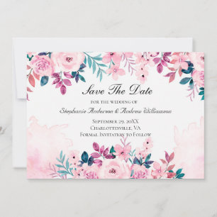 Reserve A Data Casamento Floral em Aquarela Rosa Roxo Verde
