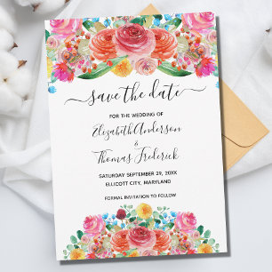 Reserve A Data Casamento Floral em Aquarela Rosa Vermelho Amarelo