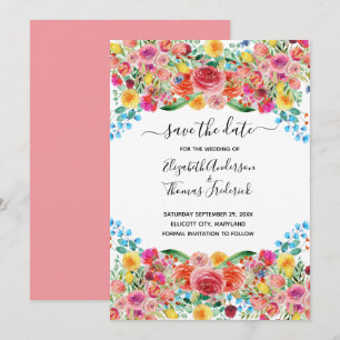 Reserve A Data Casamento Floral em Aquarela Rosa Vermelho Amarelo