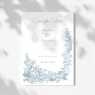 Reserve A Data Casamento Floral em Arte Linear Azul Poético