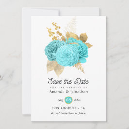 Reserve A Data Casamento Floral em Azul Água e Dourado