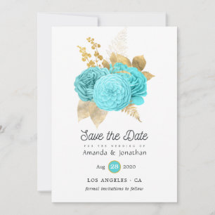 Reserve A Data Casamento Floral em Azul Água e Dourado