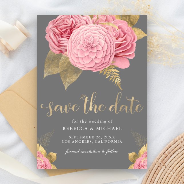 Reserve A Data Casamento Floral em Cinza Rústico e Rosa Poeirento (Criador carregado)