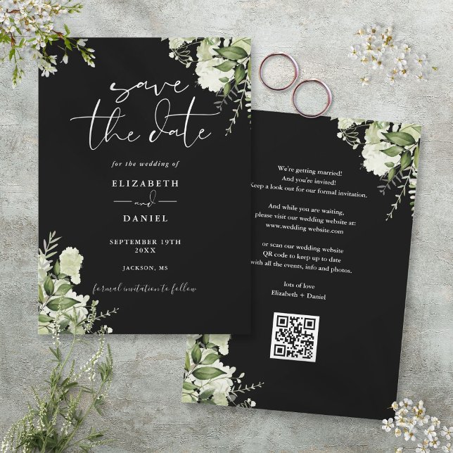 Reserve A Data Casamento Floral em Preto e Branco com Código QR (Black And White Greenery Floral QR Code Wedding Save The Date)
