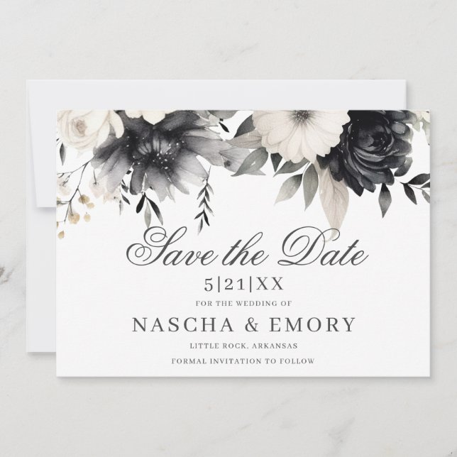 Reserve A Data Casamento Floral Escuro Boho Preto Creme (Frente)