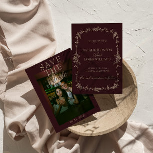 Reserve A Data Casamento Floral Foto Retro Burgundy Tamarindo Chi
