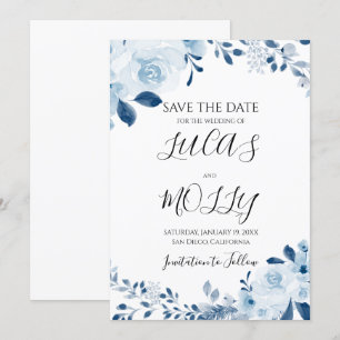 Reserve A Data Casamento Floral Francês Azul Moderno