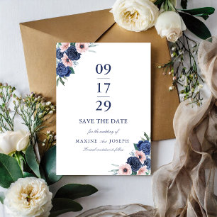 Reserve A Data Casamento Floral Geométrico Azul Marinho e Bege