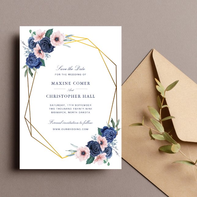 Reserve A Data Casamento Floral Geométrico Azul Naval e Bege (Navy blue and blush floral save the date announces your wedding with elegant charm.)