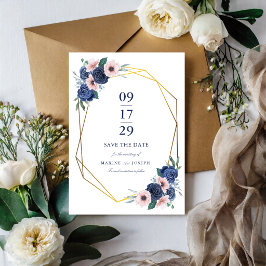 Reserve A Data Casamento Floral Geométrico Azul Naval e Bege