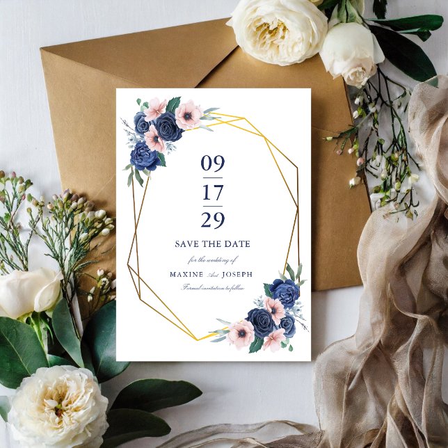 Reserve A Data Casamento Floral Geométrico Azul Naval e Bege (Navy blue and blush floral save the date creates excitement for your wedding day.)