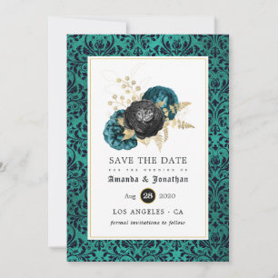 Reserve A Data Casamento Floral Gótico Azul, Preto e Dourado