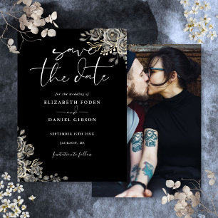 Reserve A Data Casamento Floral Gótico Preto e Branco em Foto