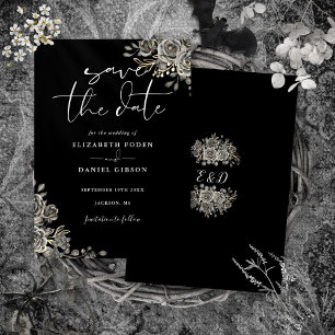 Reserve A Data Casamento Floral Gótico Preto e Branco Monograma