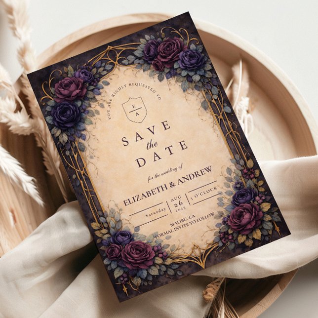 Reserve A Data Casamento Floral Gótico Roxo Sombrio (Criador carregado)