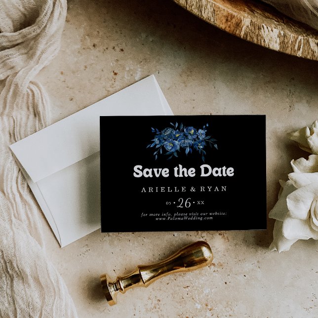 Reserve A Data Casamento Floral Horizontal Azul Marinho Real (Criador carregado)