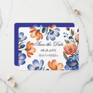 Reserve A Data Casamento Floral Laranja e Azul Cobalto