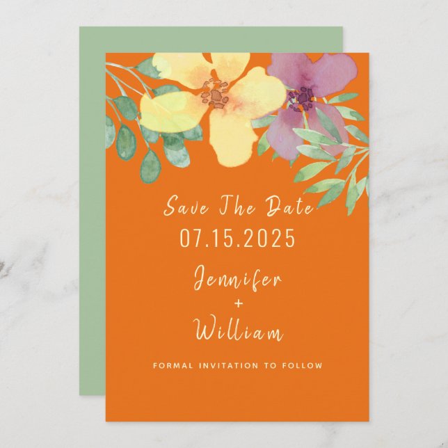 Reserve A Data Casamento Floral Laranja Moderno (Frente/Verso)