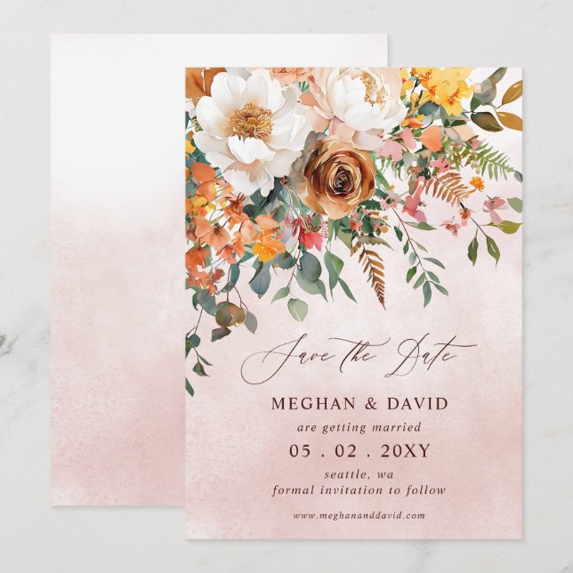 Reserve A Data Casamento Floral Laranja Rústico de Outono (Frente/Verso)