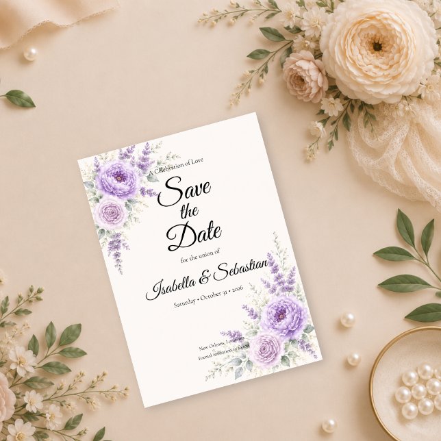 Reserve A Data Casamento Floral Lavanda Elegante (Criador carregado)