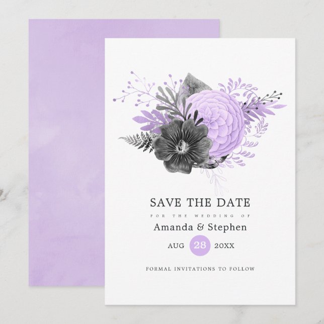 Reserve A Data Casamento Floral Lilás e Carvão (Frente/Verso)