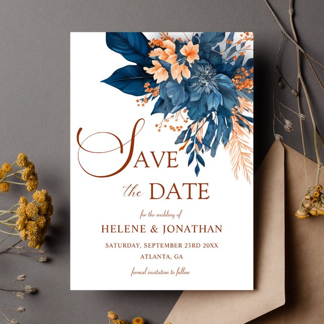 Reserve A Data Casamento Floral Marinho Azul Laranja Azul (Garden Elegant Navy Blue Orange Floral Wedding Save The Date)