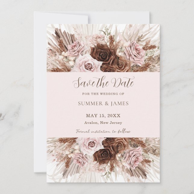 Reserve A Data Casamento Floral Marrom Rosa Empoeirado Boho Grama (Frente)
