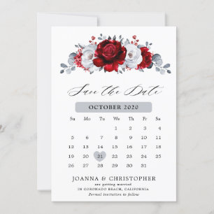 Reserve A Data Casamento Floral Metálico Prata Branco Vermelho Re