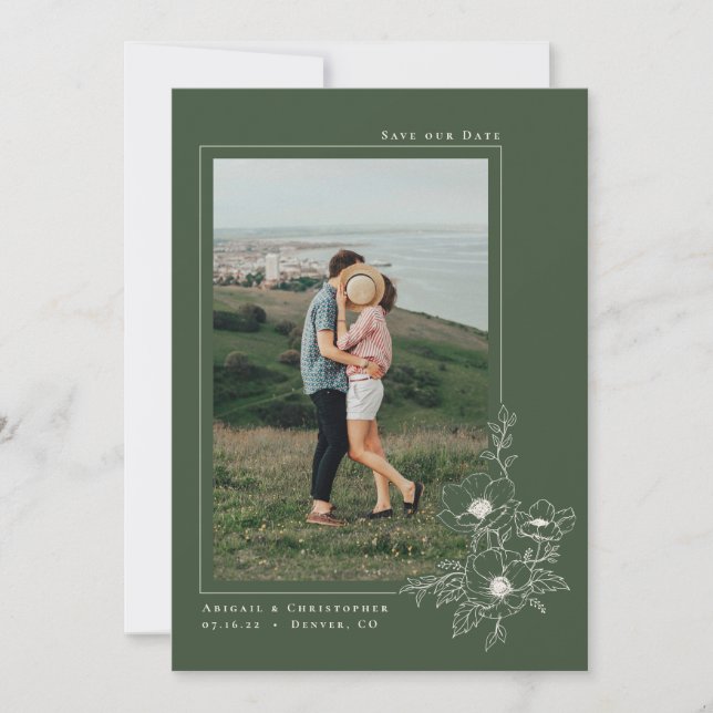 Reserve A Data Casamento Floral Mínimo de Arte Verde-oliva (Frente)