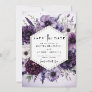 Reserve A Data Casamento Floral Mínimo Roxo Moderno